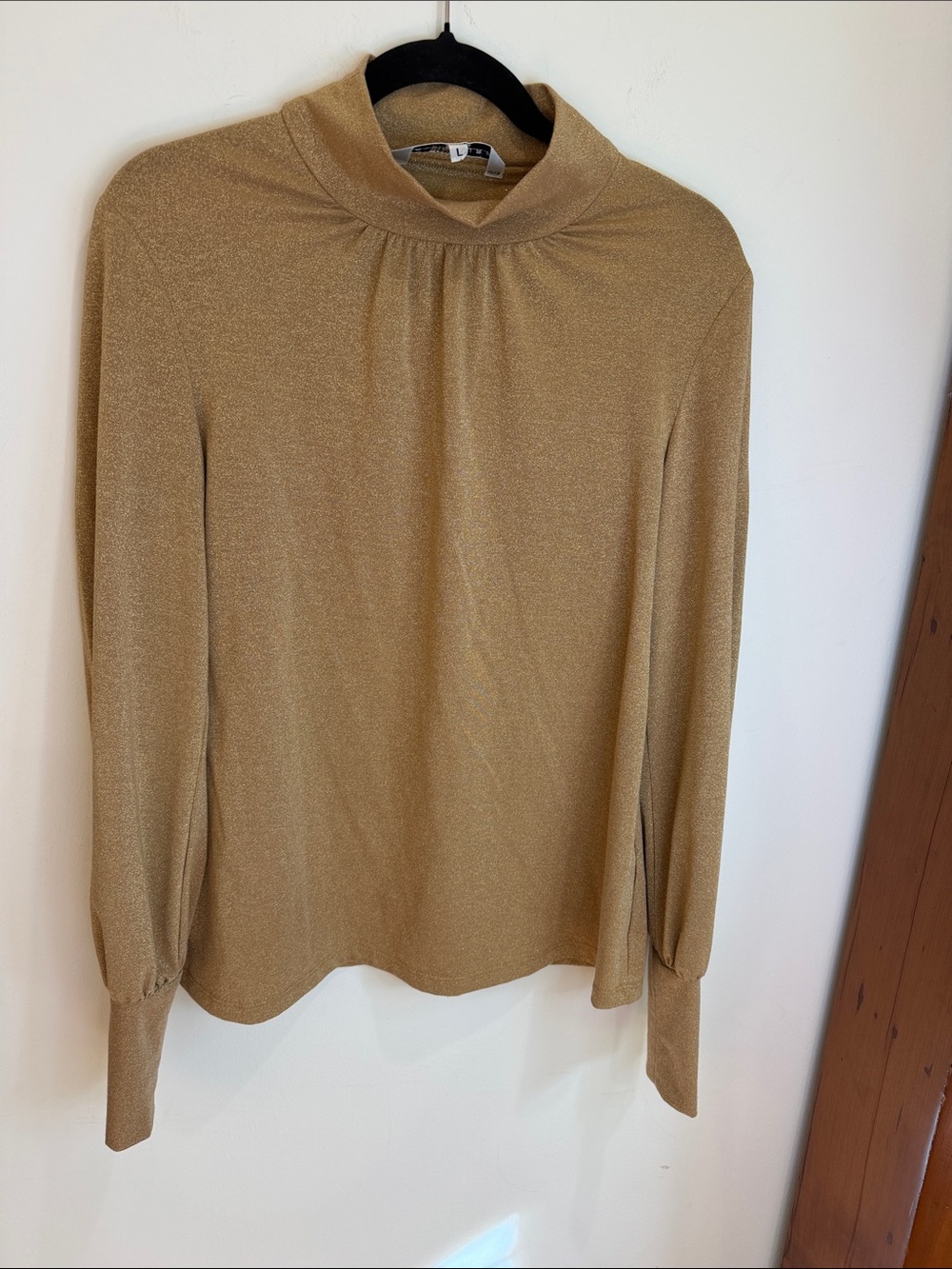 Trina Turk Metallic Gold Mock Neck Long Sleeve Top, L - Parisian Chic, Holiday